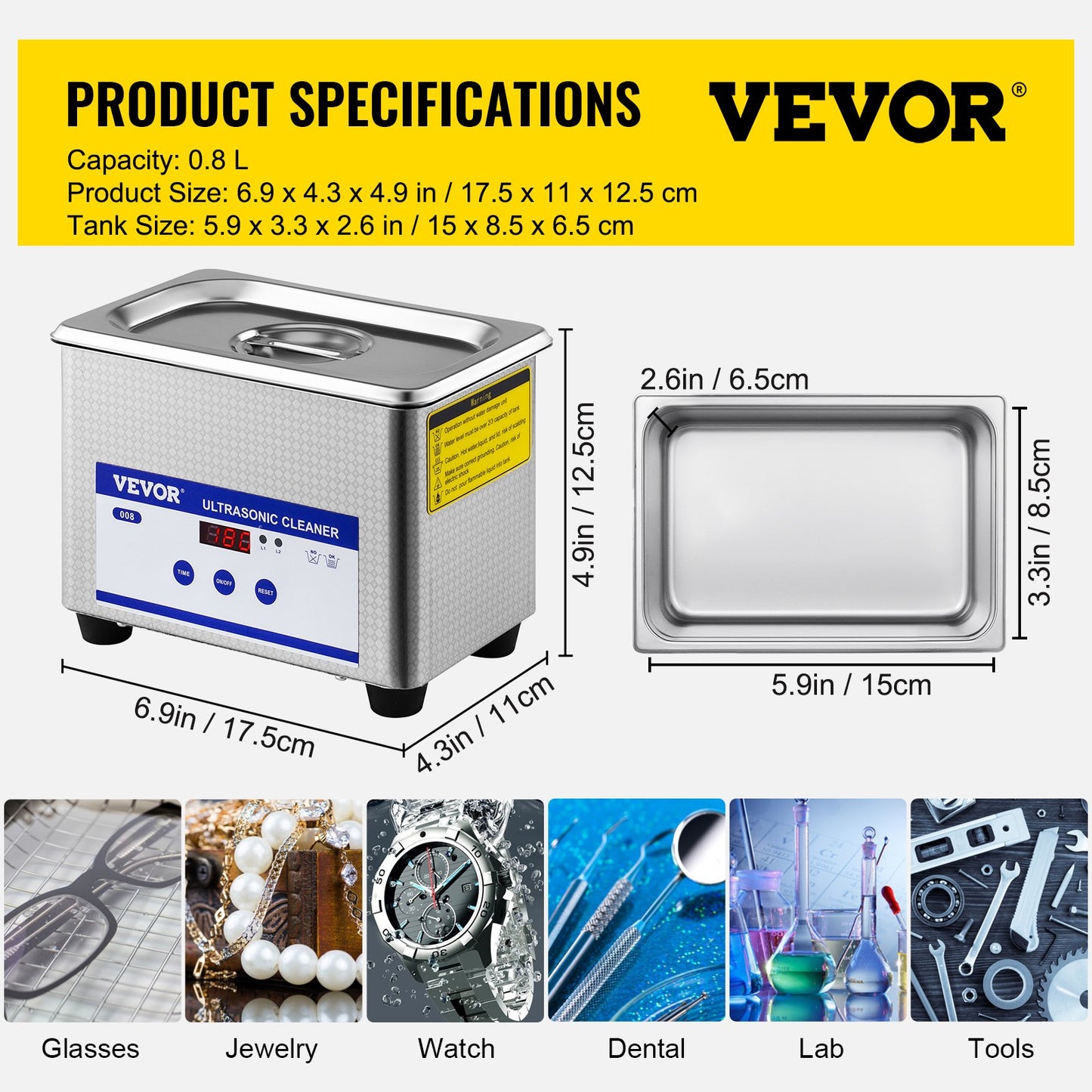 0.8L Professional Ultrasonic Cleaner 304 Stainless Steel Digital Lab Ultrasonic Cleaner with Timer for Jewelry Watch Glasses Circuit Board Dentures Small Parts Dental Instrument (0.8L) - Image 7