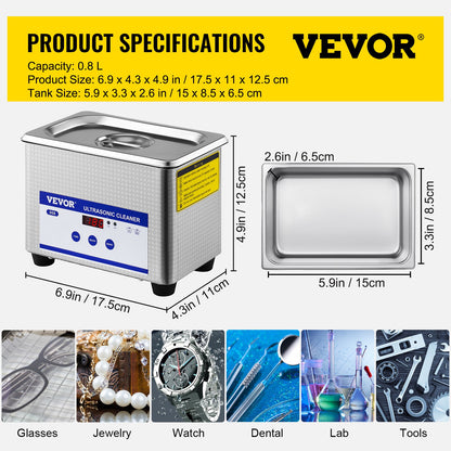 0.8L Professional Ultrasonic Cleaner 304 Stainless Steel Digital Lab Ultrasonic Cleaner with Timer for Jewelry Watch Glasses Circuit Board Dentures Small Parts Dental Instrument (0.8L) - Image 7