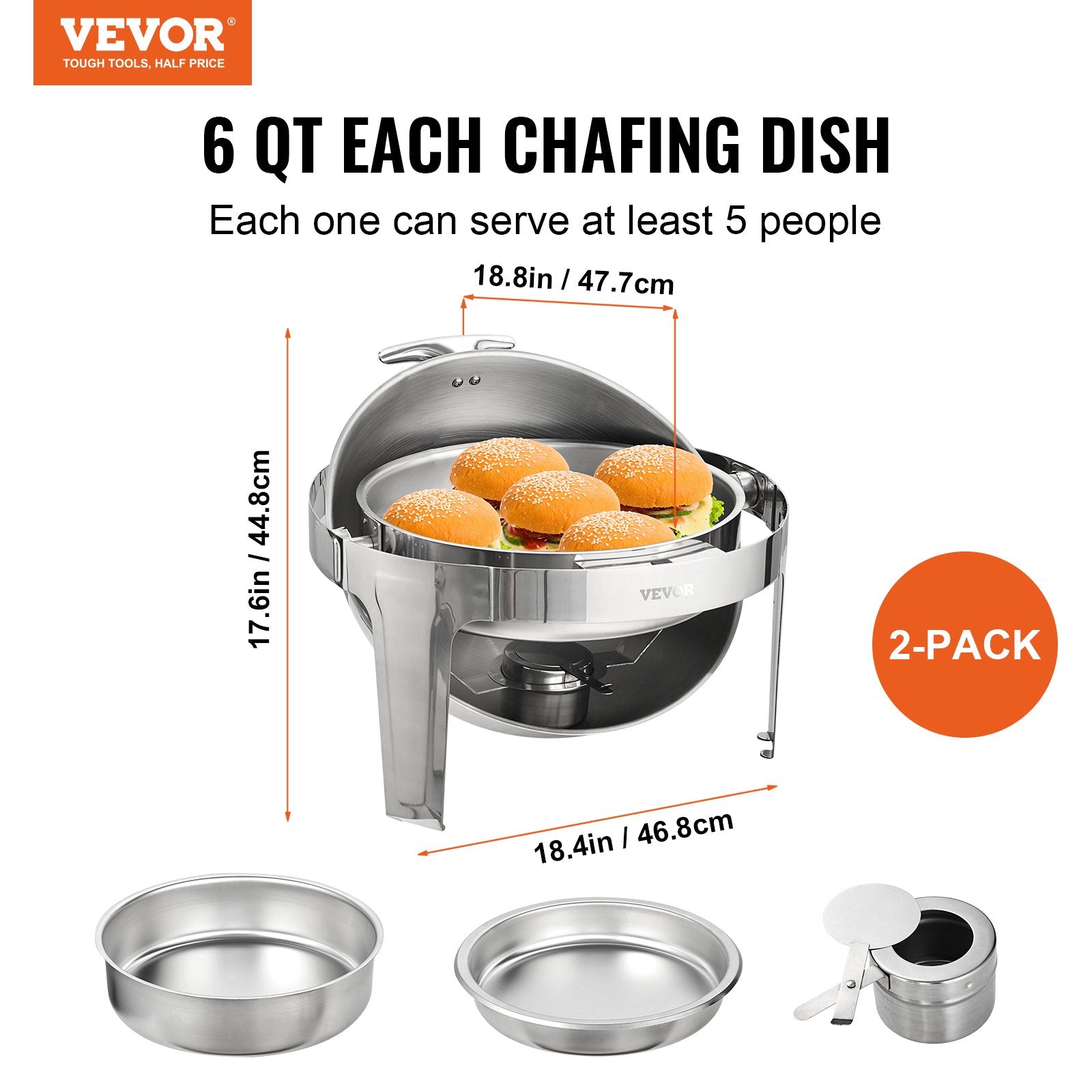 Roll Top Chafing Dish Buffet Set, 5.5L 2 Pack, Stainless Steel Chafer with 2 Full Size Pans, Round Catering Warmer Server with Lid Water Pan Stand Fuel Holder, for at Least 5 People Each - Image 2