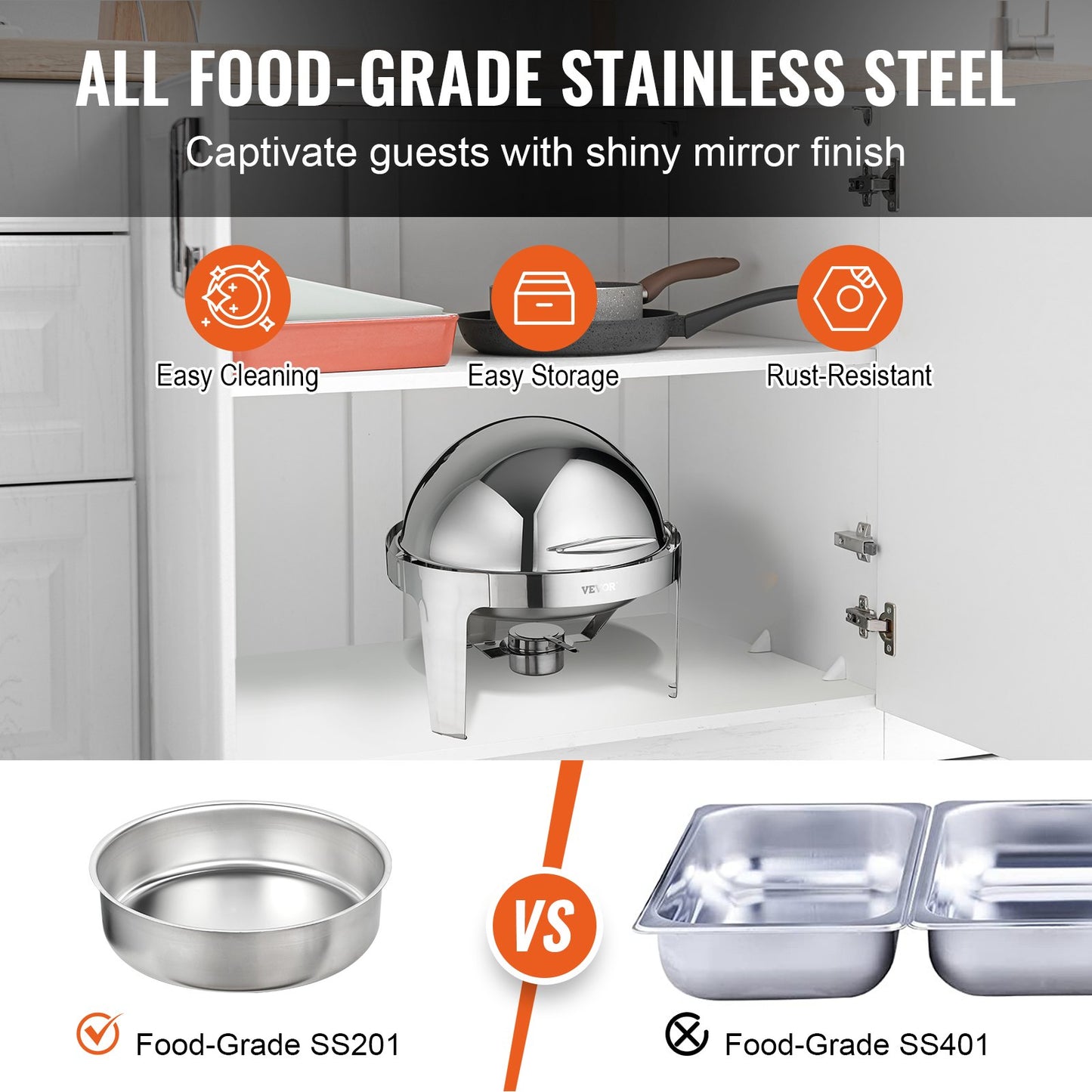 Roll Top Chafing Dish Buffet Set, 5.5L 2 Pack, Stainless Steel Chafer with 2 Full Size Pans, Round Catering Warmer Server with Lid Water Pan Stand Fuel Holder, for at Least 5 People Each - Image 3