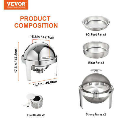 Roll Top Chafing Dish Buffet Set, 5.5L 2 Pack, Stainless Steel Chafer with 2 Full Size Pans, Round Catering Warmer Server with Lid Water Pan Stand Fuel Holder, for at Least 5 People Each - Image 7