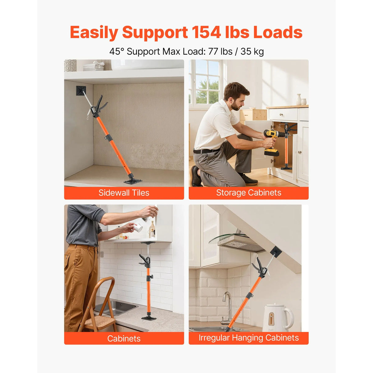 Cabinet Jack Support Pole, 2-Pack, 54-155 cm Steel Telescopic Quick Support Rod, Adjustable 3rd Hand System up to 70 kg Capacity for Installing Cabinets, Lifting Drywall, Cargo Bars - Image 3
