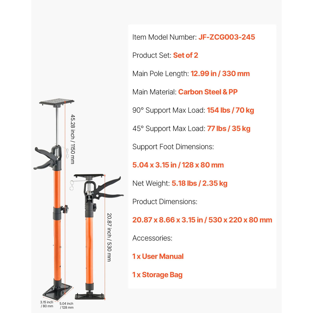 Cabinet Jack Support Pole, 2-Pack, 54-155 cm Steel Telescopic Quick Support Rod, Adjustable 3rd Hand System up to 70 kg Capacity for Installing Cabinets, Lifting Drywall, Cargo Bars - Image 7