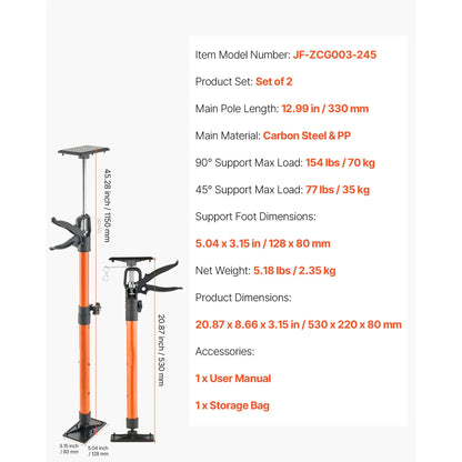 Cabinet Jack Support Pole, 2-Pack, 54-155 cm Steel Telescopic Quick Support Rod, Adjustable 3rd Hand System up to 70 kg Capacity for Installing Cabinets, Lifting Drywall, Cargo Bars - Image 7