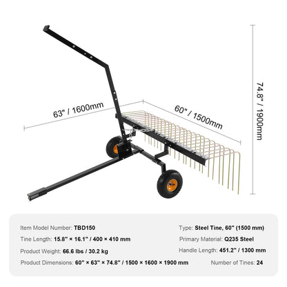 Tow Behind Dethatcher, 1.5m Tow Dethatcher with 24 Steel Tines, Lawn Dethatcher Rake for ATV or Mower, Tow Behind Lawn Rake with Lift Handle for Leaves, Pine Needles, and Grass - Image 7