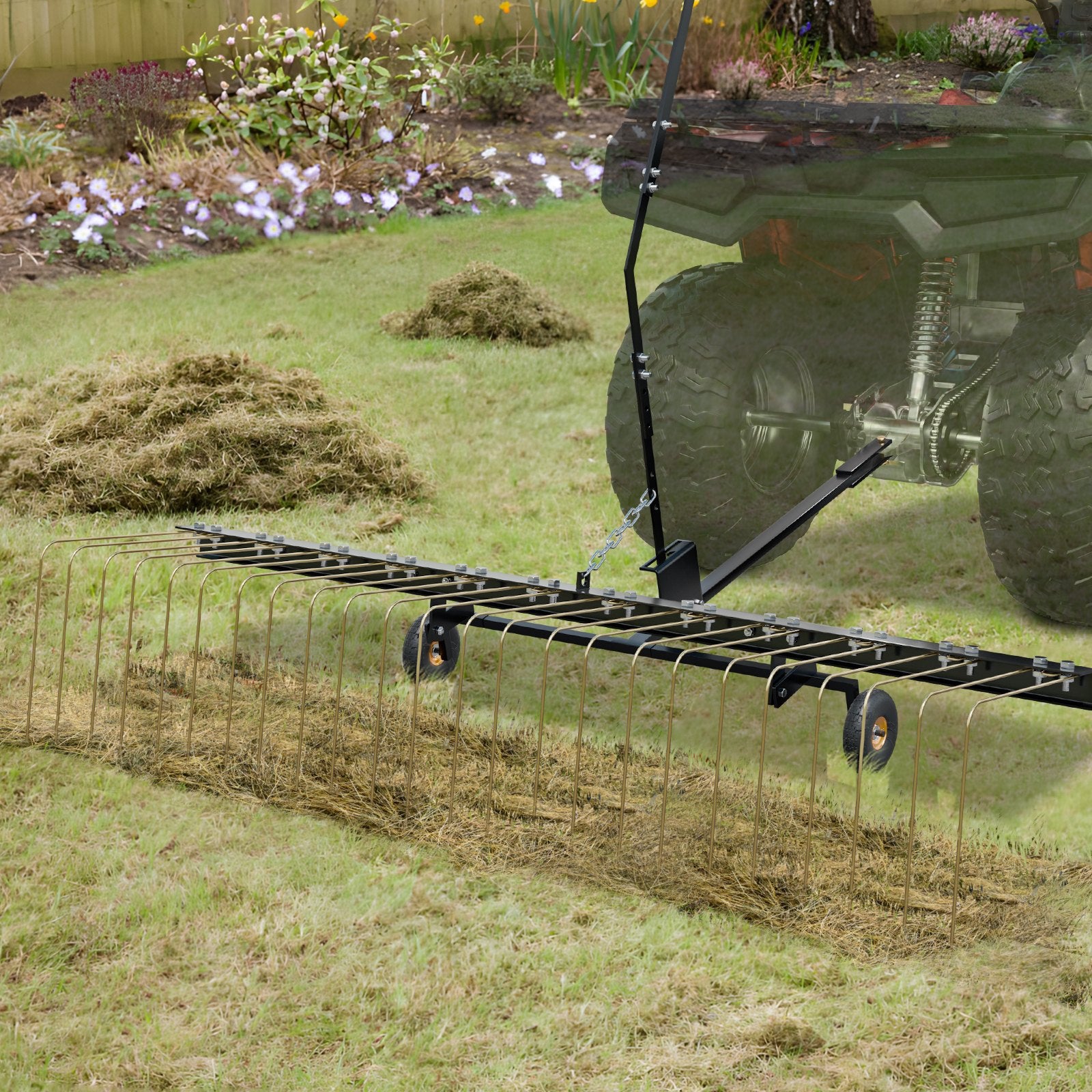 Tow Behind Dethatcher, 1.5m Tow Dethatcher with 24 Steel Tines, Lawn Dethatcher Rake for ATV or Mower, Tow Behind Lawn Rake with Lift Handle for Leaves, Pine Needles, and Grass - Image 8