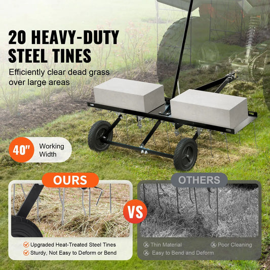 Tow Behind Dethatcher, 1015mm Tow Dethatcher with 20 Spring Steel Tines, Lawn Dethatcher Rake for ATV or Mower, Tow Behind Lawn Rake with Lift Handle for Garden Farm Grass - Image 2