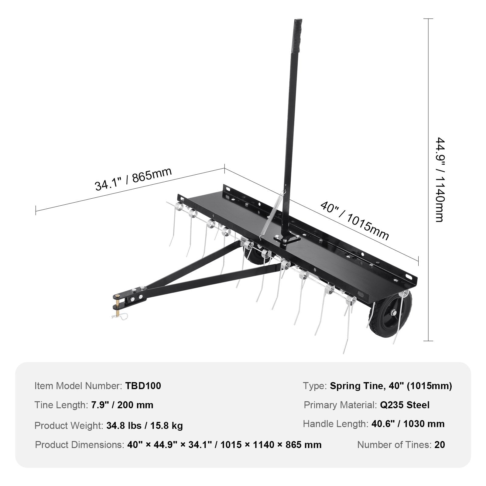 Tow Behind Dethatcher, 1015mm Tow Dethatcher with 20 Spring Steel Tines, Lawn Dethatcher Rake for ATV or Mower, Tow Behind Lawn Rake with Lift Handle for Garden Farm Grass - Image 7