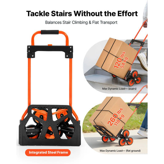 Stair Climbing Cart, 54 kg Stair-Climbing Capacity, Portable Folding Trolley Cart with Telescoping Handle, 6 Wheels and 2 Bungee Cords, Stair Climber Dolly for Home, Groceries, Warehouse - Image 2