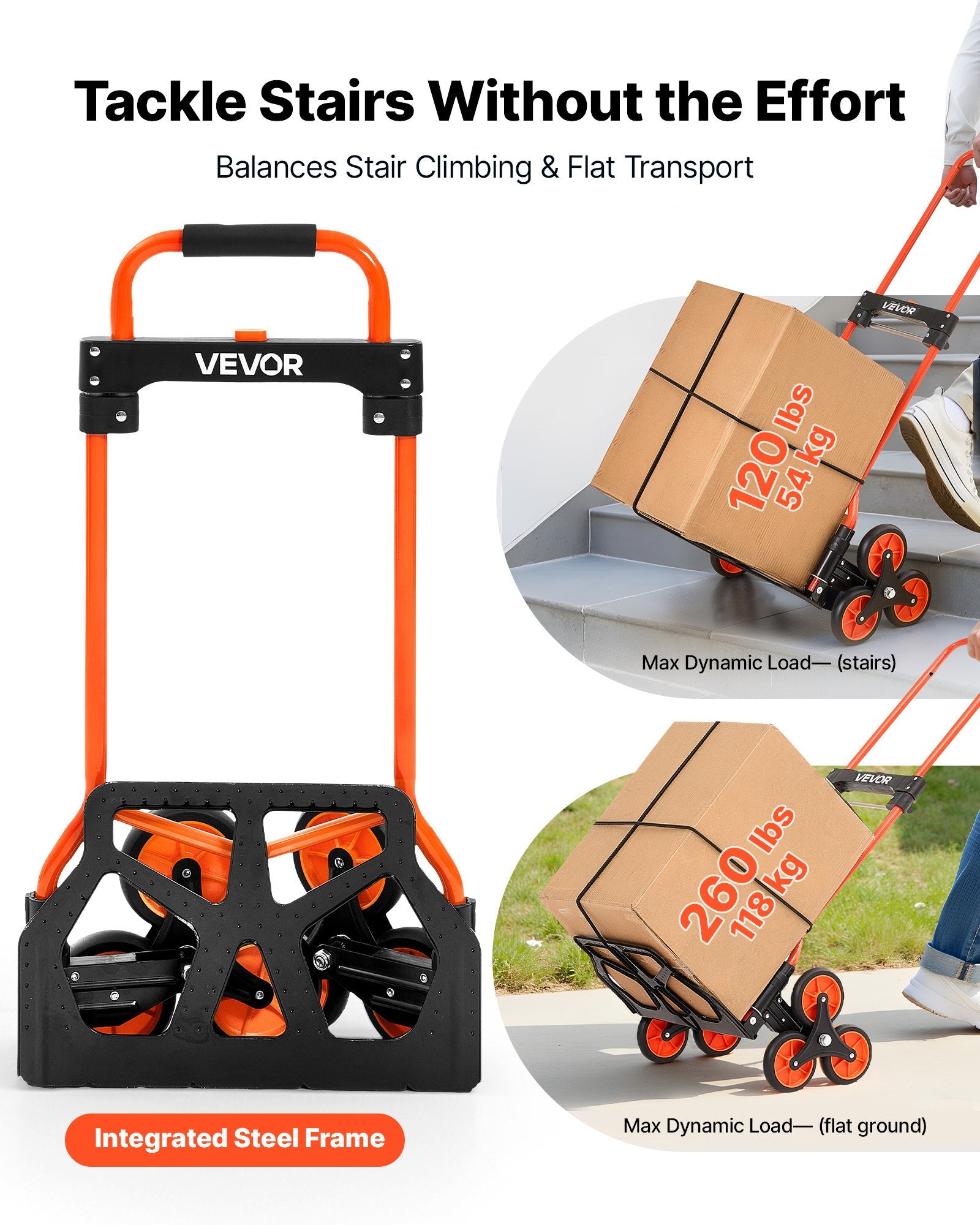 Stair Climbing Cart, 54 kg Stair-Climbing Capacity, Portable Folding Trolley Cart with Telescoping Handle, 6 Wheels and 2 Bungee Cords, Stair Climber Dolly for Home, Groceries, Warehouse - Image 2