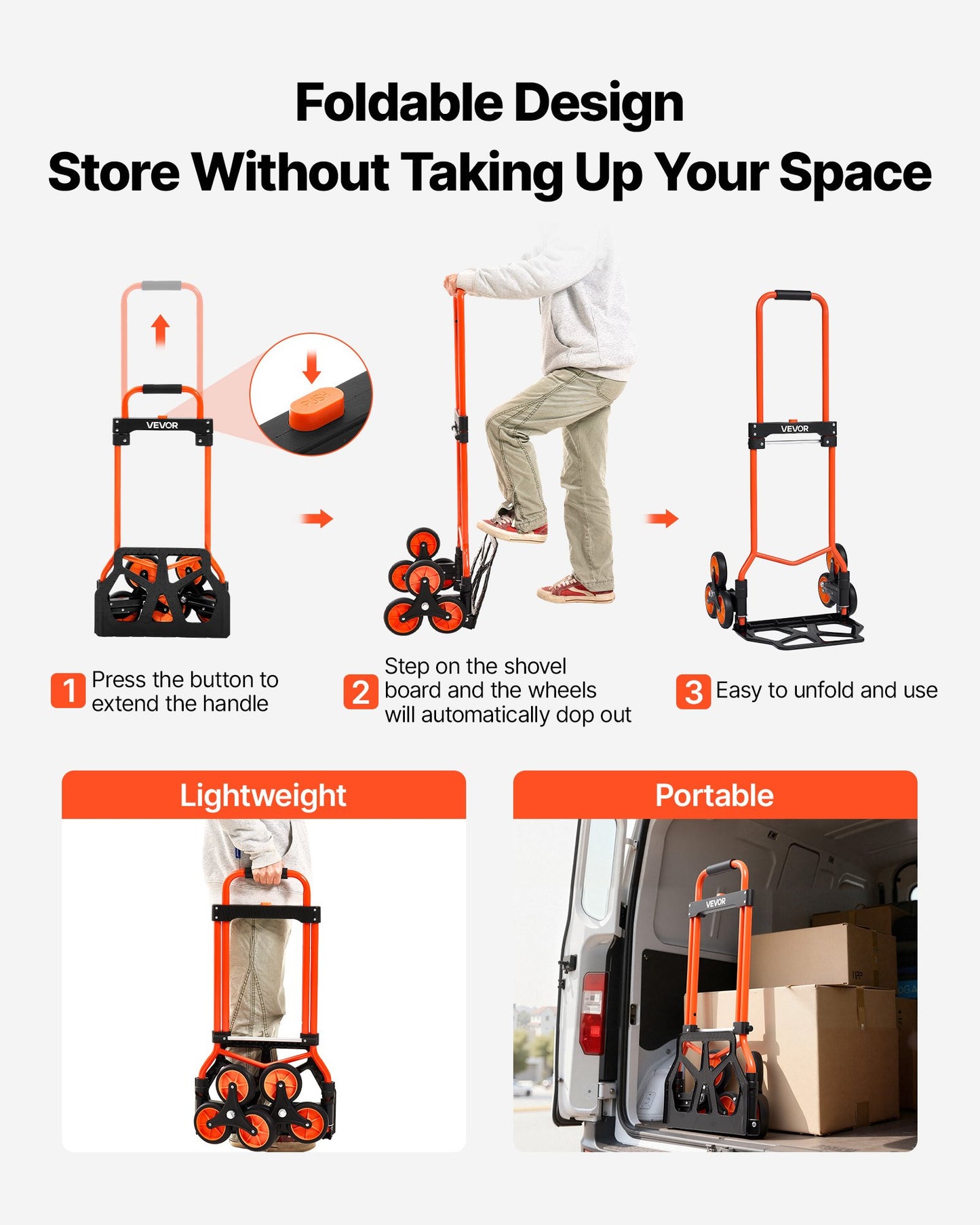Stair Climbing Cart, 54 kg Stair-Climbing Capacity, Portable Folding Trolley Cart with Telescoping Handle, 6 Wheels and 2 Bungee Cords, Stair Climber Dolly for Home, Groceries, Warehouse - Image 4