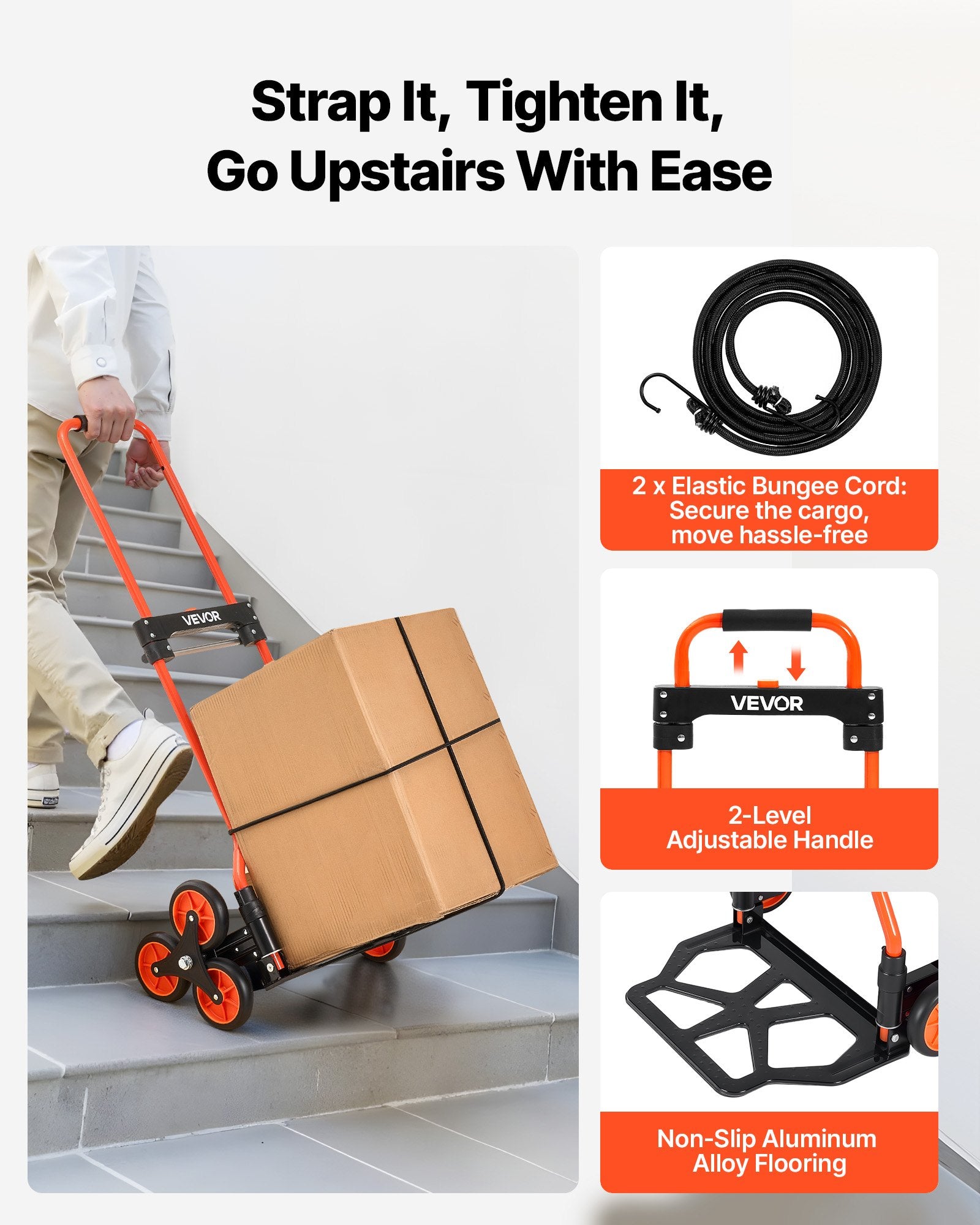 Stair Climbing Cart, 54 kg Stair-Climbing Capacity, Portable Folding Trolley Cart with Telescoping Handle, 6 Wheels and 2 Bungee Cords, Stair Climber Dolly for Home, Groceries, Warehouse - Image 5