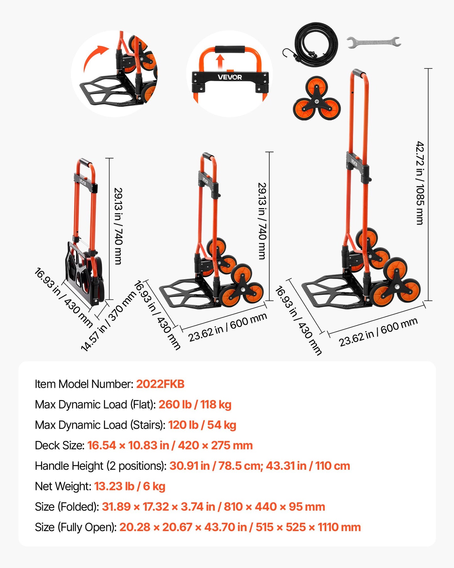 Stair Climbing Cart, 54 kg Stair-Climbing Capacity, Portable Folding Trolley Cart with Telescoping Handle, 6 Wheels and 2 Bungee Cords, Stair Climber Dolly for Home, Groceries, Warehouse - Image 7
