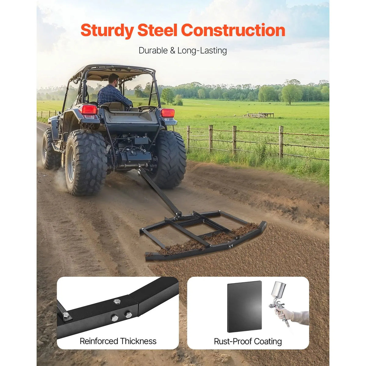 Drag Harrow, 66" Width Tow Behind Drag Harrow, Q235 Steel Driveway Grader with Adjustable Bars & Pin Hitch, Support up to 50 lbs, Tractor Driveway Harrow for ATVs, UTVs, Garden Lawn Tractors - Image 2