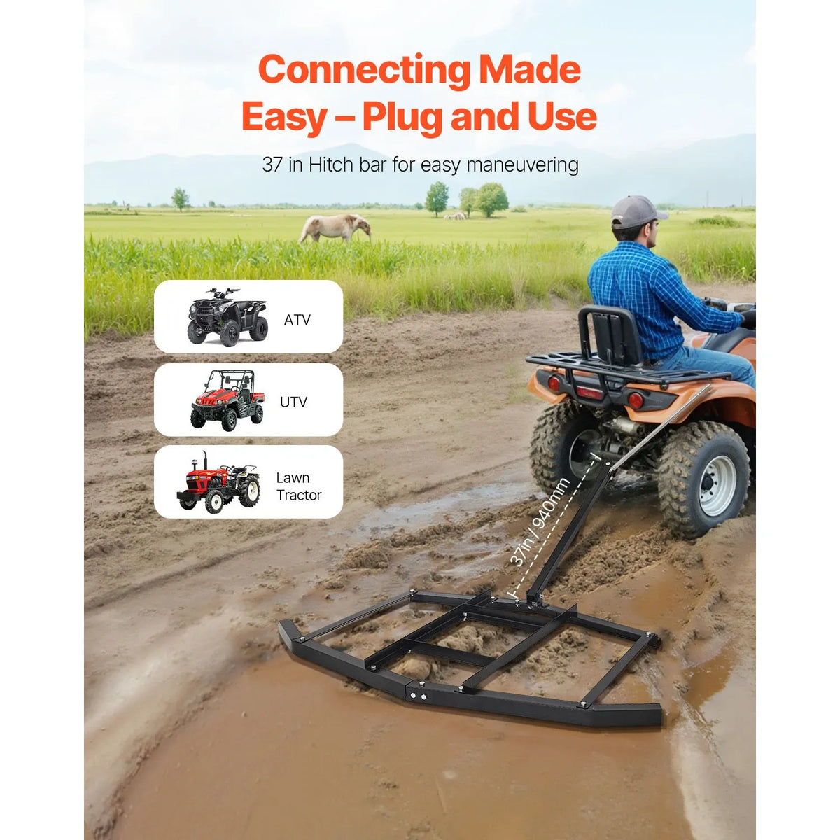 Drag Harrow, 66" Width Tow Behind Drag Harrow, Q235 Steel Driveway Grader with Adjustable Bars & Pin Hitch, Support up to 50 lbs, Tractor Driveway Harrow for ATVs, UTVs, Garden Lawn Tractors - Image 3