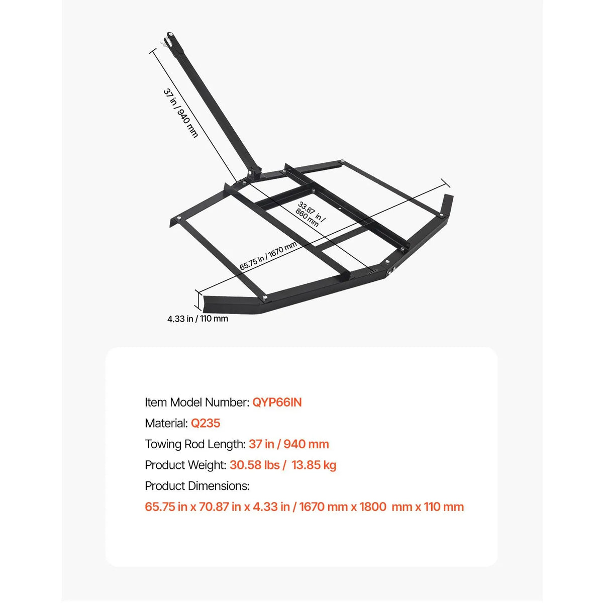 Drag Harrow, 66" Width Tow Behind Drag Harrow, Q235 Steel Driveway Grader with Adjustable Bars & Pin Hitch, Support up to 50 lbs, Tractor Driveway Harrow for ATVs, UTVs, Garden Lawn Tractors - Image 7
