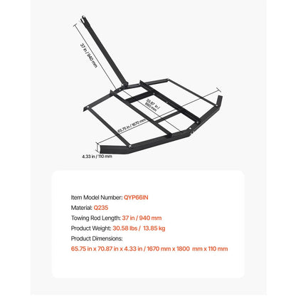 Drag Harrow, 66" Width Tow Behind Drag Harrow, Q235 Steel Driveway Grader with Adjustable Bars & Pin Hitch, Support up to 50 lbs, Tractor Driveway Harrow for ATVs, UTVs, Garden Lawn Tractors - Image 7
