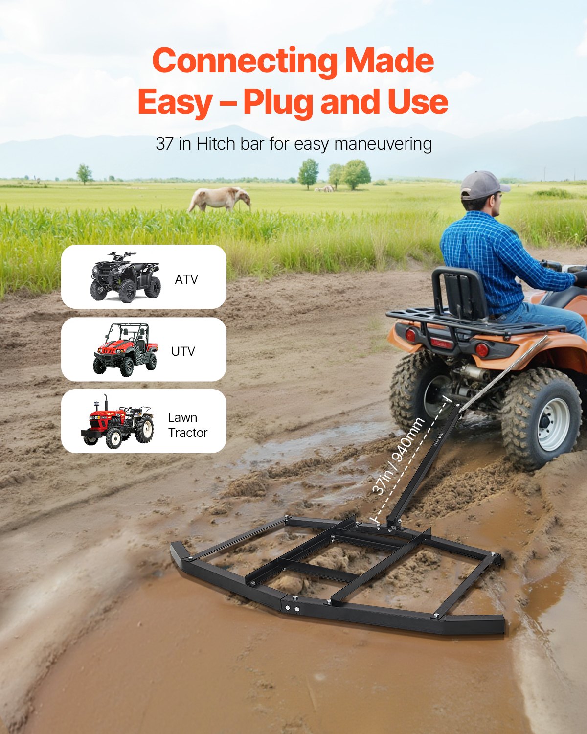 Drag Harrow, 66" Width Tow Behind Drag Harrow, Q235 Steel Driveway Grader with Adjustable Bars & Pin Hitch, Support up to 50 lbs, Tractor Driveway Harrow for ATVs, UTVs, Garden Lawn Tractors - Image 3