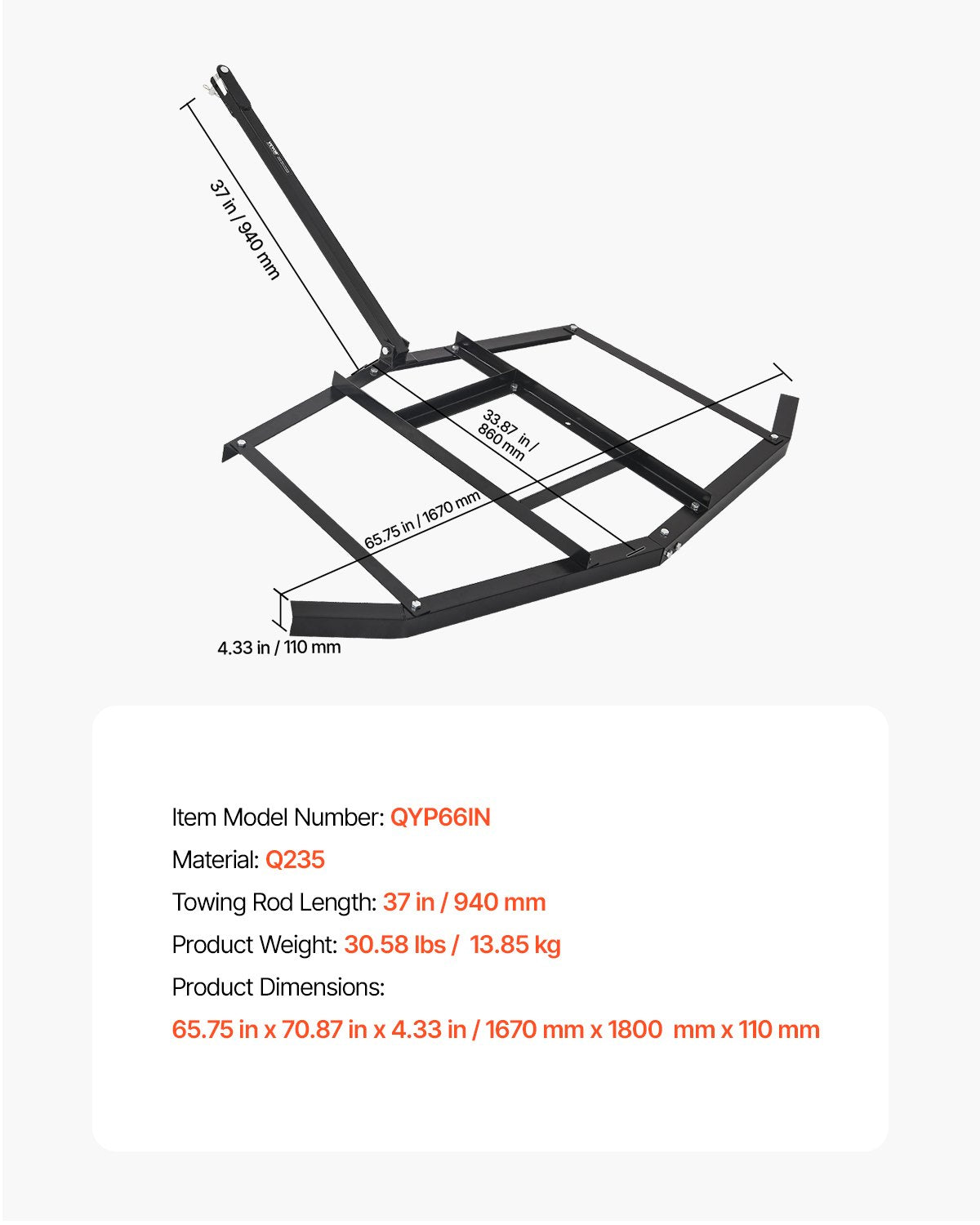 Drag Harrow, 66" Width Tow Behind Drag Harrow, Q235 Steel Driveway Grader with Adjustable Bars & Pin Hitch, Support up to 50 lbs, Tractor Driveway Harrow for ATVs, UTVs, Garden Lawn Tractors - Image 7
