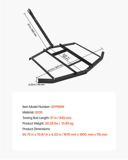 Drag Harrow, 66" Width Tow Behind Drag Harrow, Q235 Steel Driveway Grader with Adjustable Bars & Pin Hitch, Support up to 50 lbs, Tractor Driveway Harrow for ATVs, UTVs, Garden Lawn Tractors - Image 7