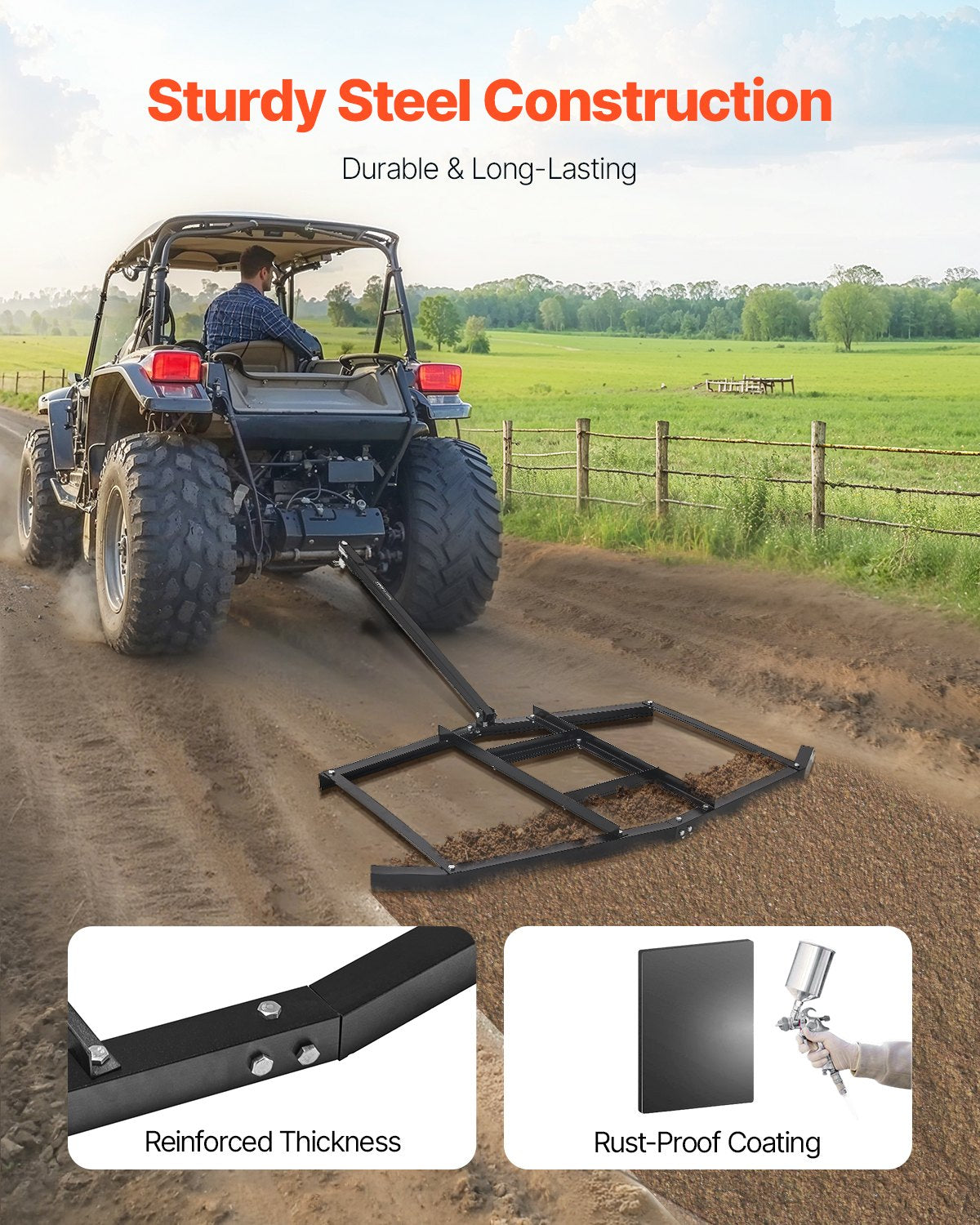 Drag Harrow, 74" Width Tow Behind Drag Harrow, Q235 Steel Driveway Grader with Adjustable Bars & Pin Hitch, Support up to 50 lbs, Tractor Driveway Harrow for ATVs, UTVs, Garden Lawn Tractors - Image 2