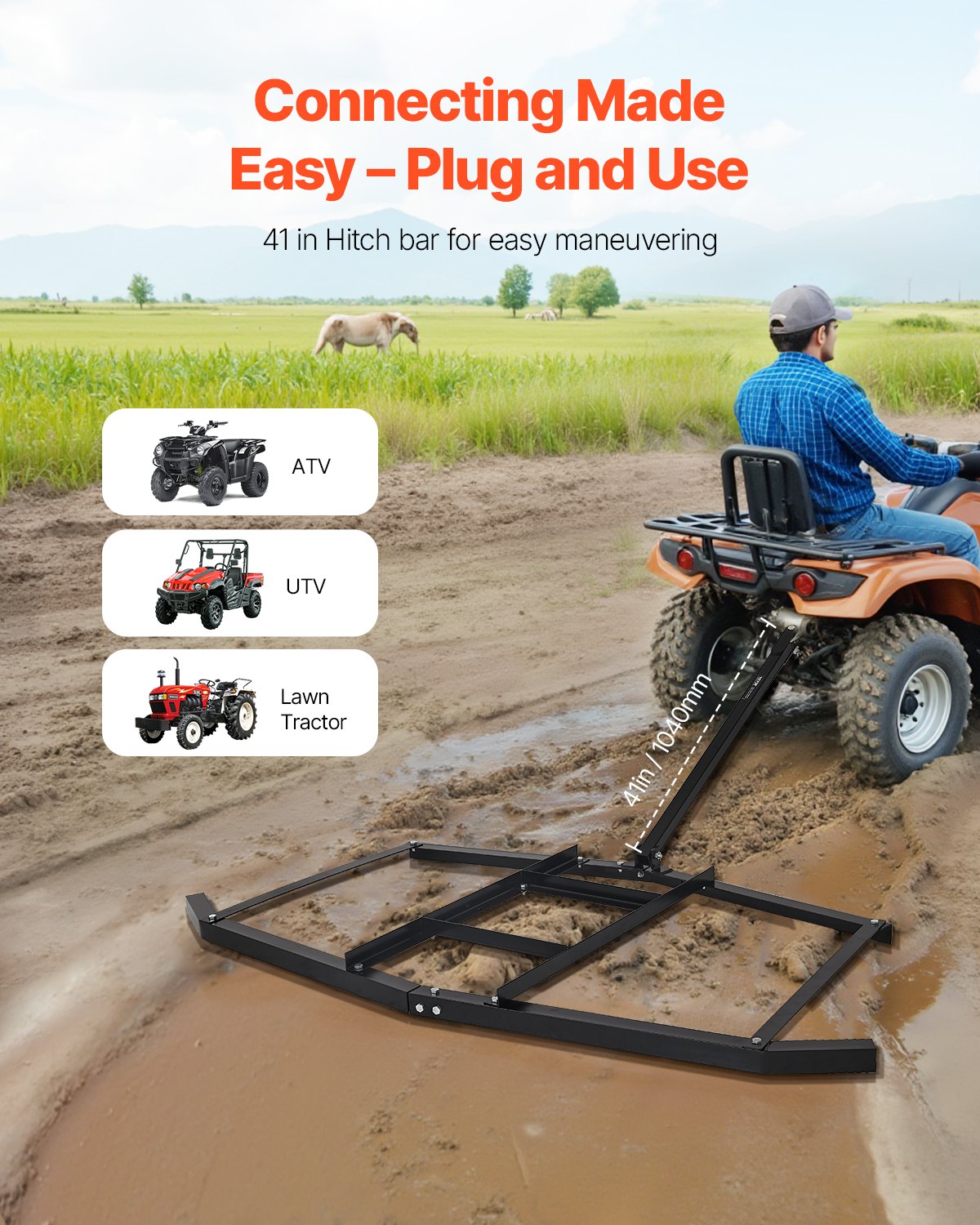 Drag Harrow, 74" Width Tow Behind Drag Harrow, Q235 Steel Driveway Grader with Adjustable Bars & Pin Hitch, Support up to 50 lbs, Tractor Driveway Harrow for ATVs, UTVs, Garden Lawn Tractors - Image 3