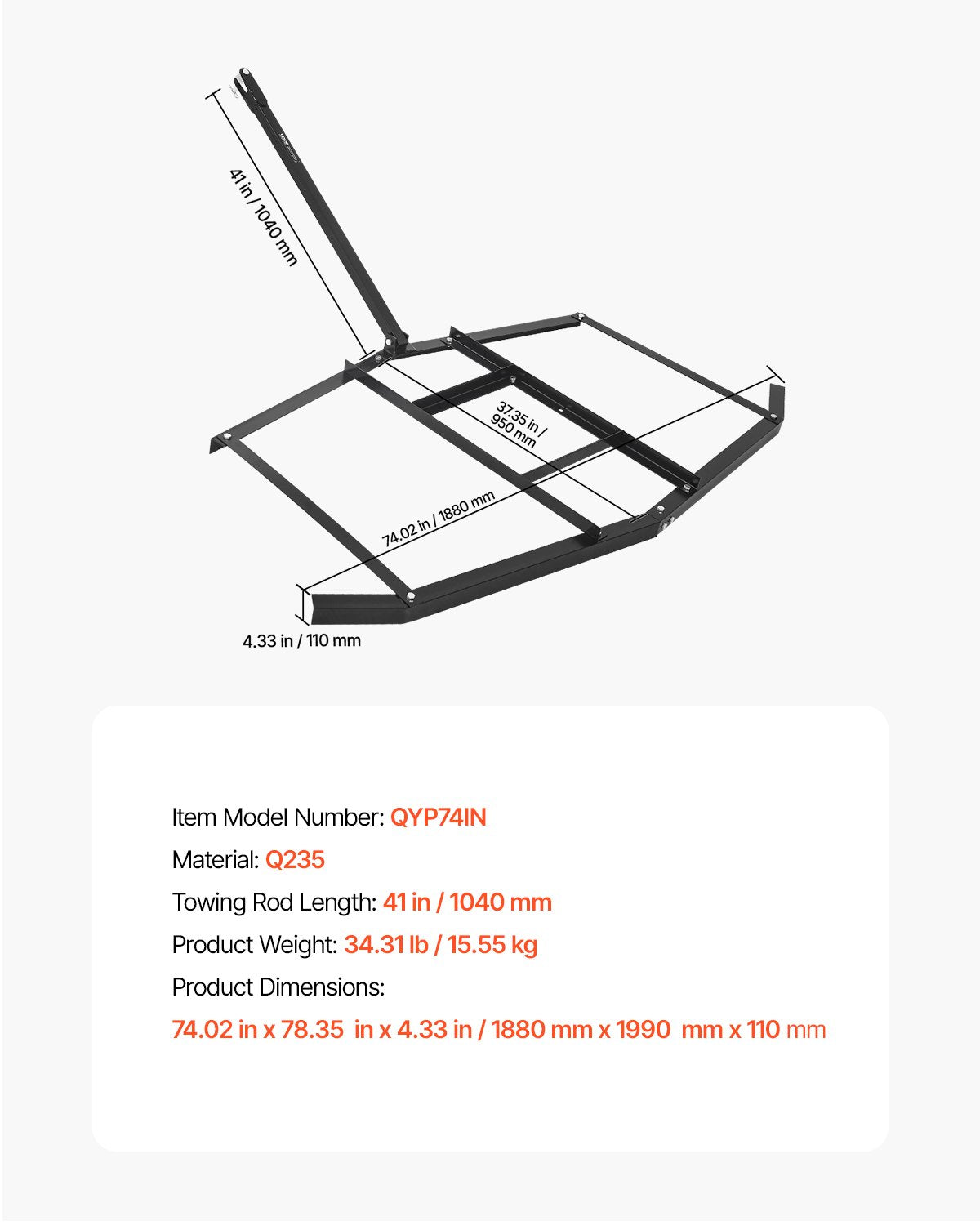 Drag Harrow, 74" Width Tow Behind Drag Harrow, Q235 Steel Driveway Grader with Adjustable Bars & Pin Hitch, Support up to 50 lbs, Tractor Driveway Harrow for ATVs, UTVs, Garden Lawn Tractors - Image 7