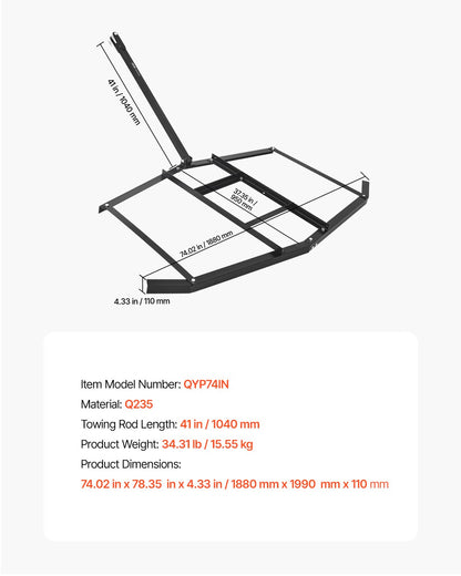 Drag Harrow, 74" Width Tow Behind Drag Harrow, Q235 Steel Driveway Grader with Adjustable Bars & Pin Hitch, Support up to 50 lbs, Tractor Driveway Harrow for ATVs, UTVs, Garden Lawn Tractors - Image 7