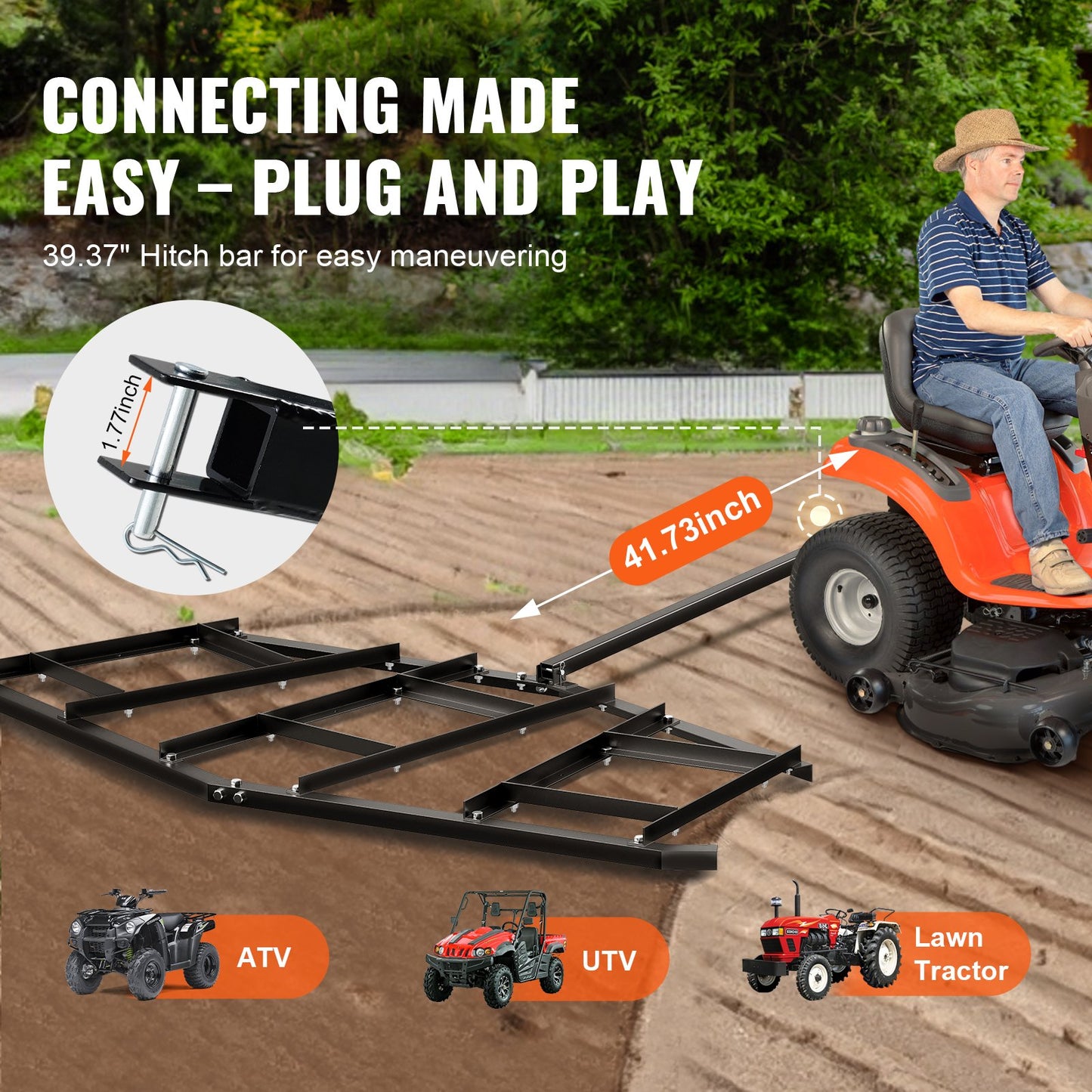 Driveway Drag, 84" Width Tow Behind Drag Harrow, Q235 Steel Driveway Grader with Adjustable Bars, Support up to 50 lbs, Driveway Tractor Harrow for ATVs, UTVs, Garden Lawn Tractors - Image 3