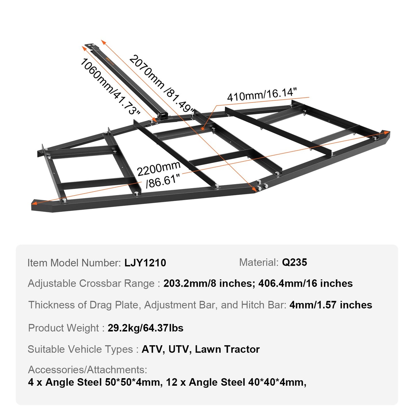 Driveway Drag, 84" Width Tow Behind Drag Harrow, Q235 Steel Driveway Grader with Adjustable Bars, Support up to 50 lbs, Driveway Tractor Harrow for ATVs, UTVs, Garden Lawn Tractors - Image 7