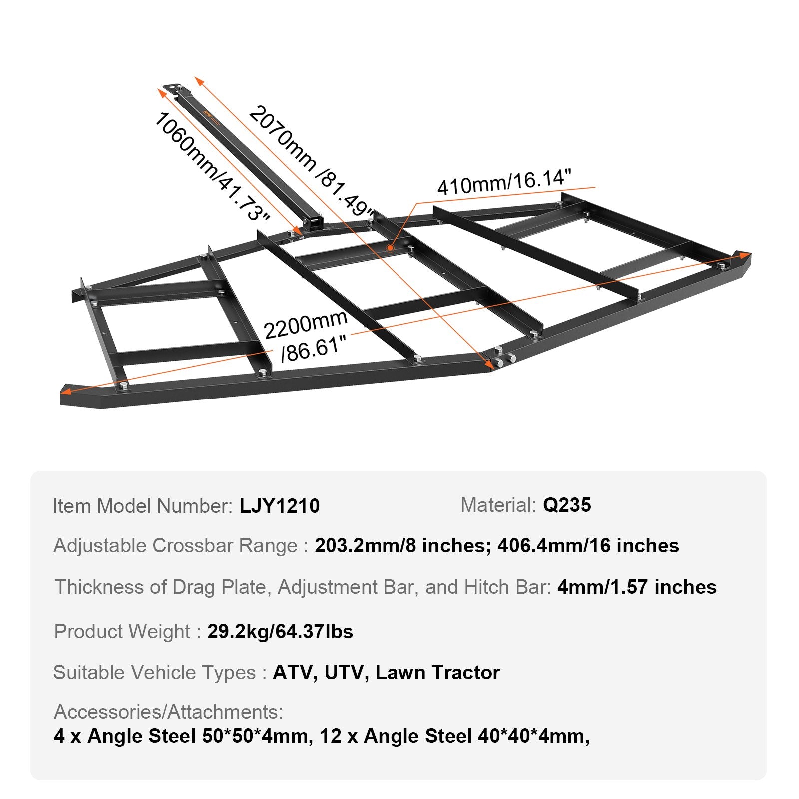 Driveway Drag, 84" Width Tow Behind Drag Harrow, Q235 Steel Driveway Grader with Adjustable Bars, Support up to 50 lbs, Driveway Tractor Harrow for ATVs, UTVs, Garden Lawn Tractors - Image 7