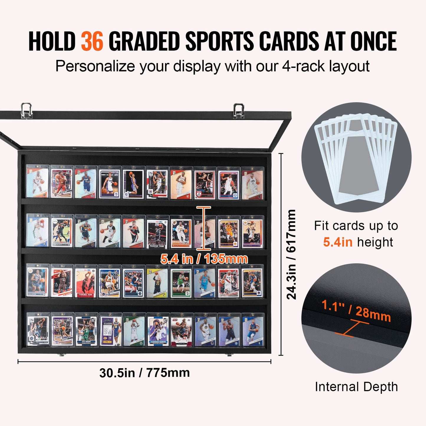 36 Graded Sports Card Display Case, 775 x 617 x 55 mm, Baseball Card Display Frame with 98% UV Protection Clear View PC Glass, Lockable Wall Cabinet for Football Basketball Hockey Trading Card - Image 5