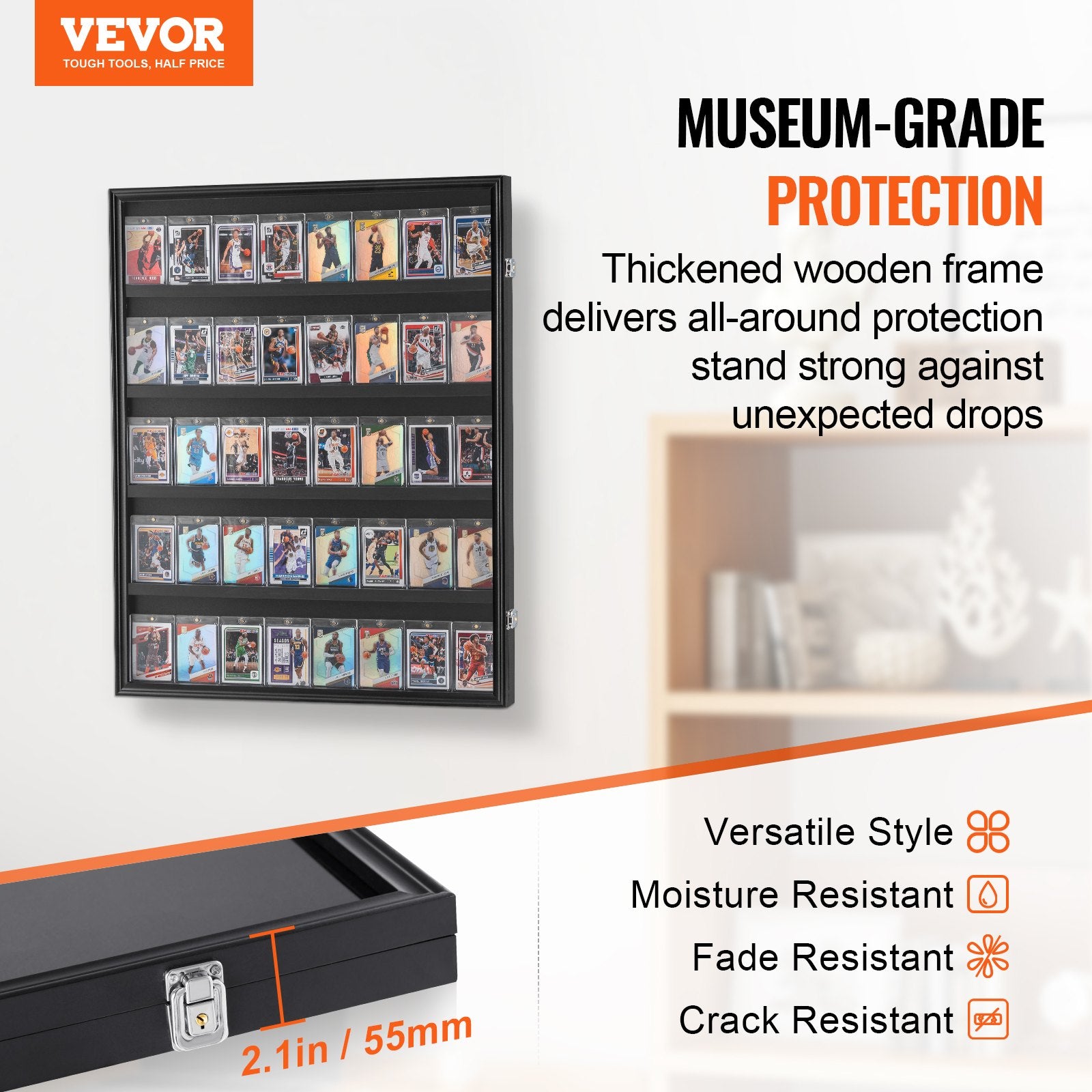 35 Graded Sports Card Display Case, 617 x 775 x 55 mm, Baseball Card Display Frame with 98% UV Protection Clear View PC Glass, Lockable Wall Cabinet for Football Basketball Hockey Trading Card - Image 2