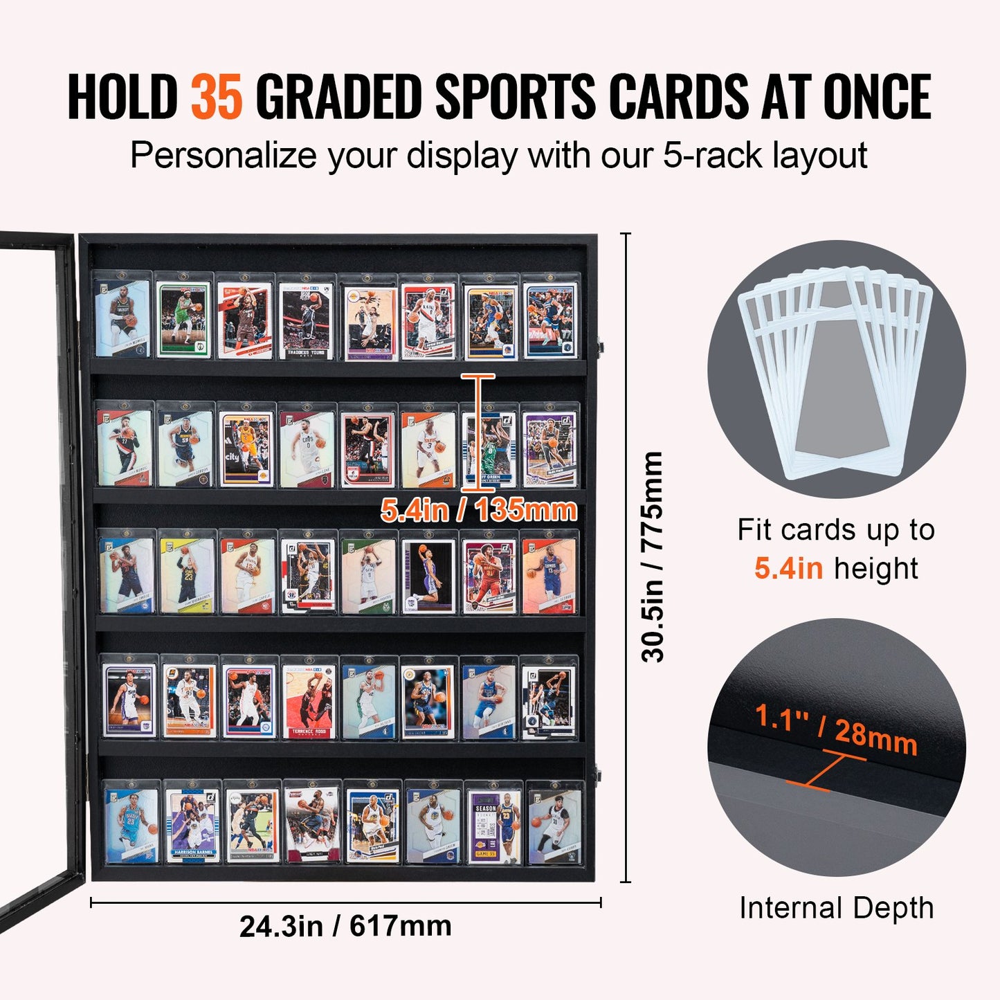 35 Graded Sports Card Display Case, 617 x 775 x 55 mm, Baseball Card Display Frame with 98% UV Protection Clear View PC Glass, Lockable Wall Cabinet for Football Basketball Hockey Trading Card - Image 5
