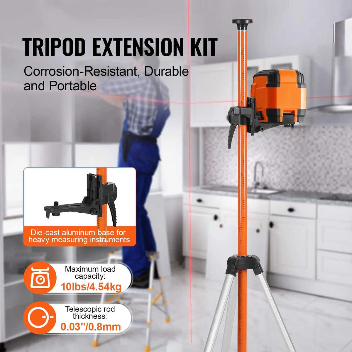 Laser Level Tripod, 1/4"-20 & 5/8"-11 Thread Mount, 40.94-133.85 inch Height Adjustment with Level Bubble & Heavy-duty Stand, Extendable Pole Lightweight Aluminum Tripod for Laser Scanner - Image 2