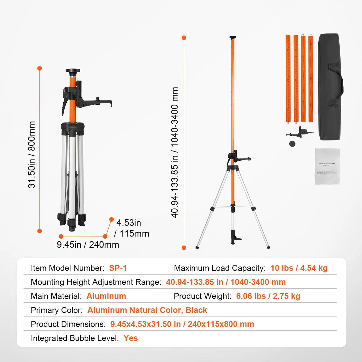 Laser Level Tripod, 1/4"-20 & 5/8"-11 Thread Mount, 40.94-133.85 inch Height Adjustment with Level Bubble & Heavy-duty Stand, Extendable Pole Lightweight Aluminum Tripod for Laser Scanner - Image 7