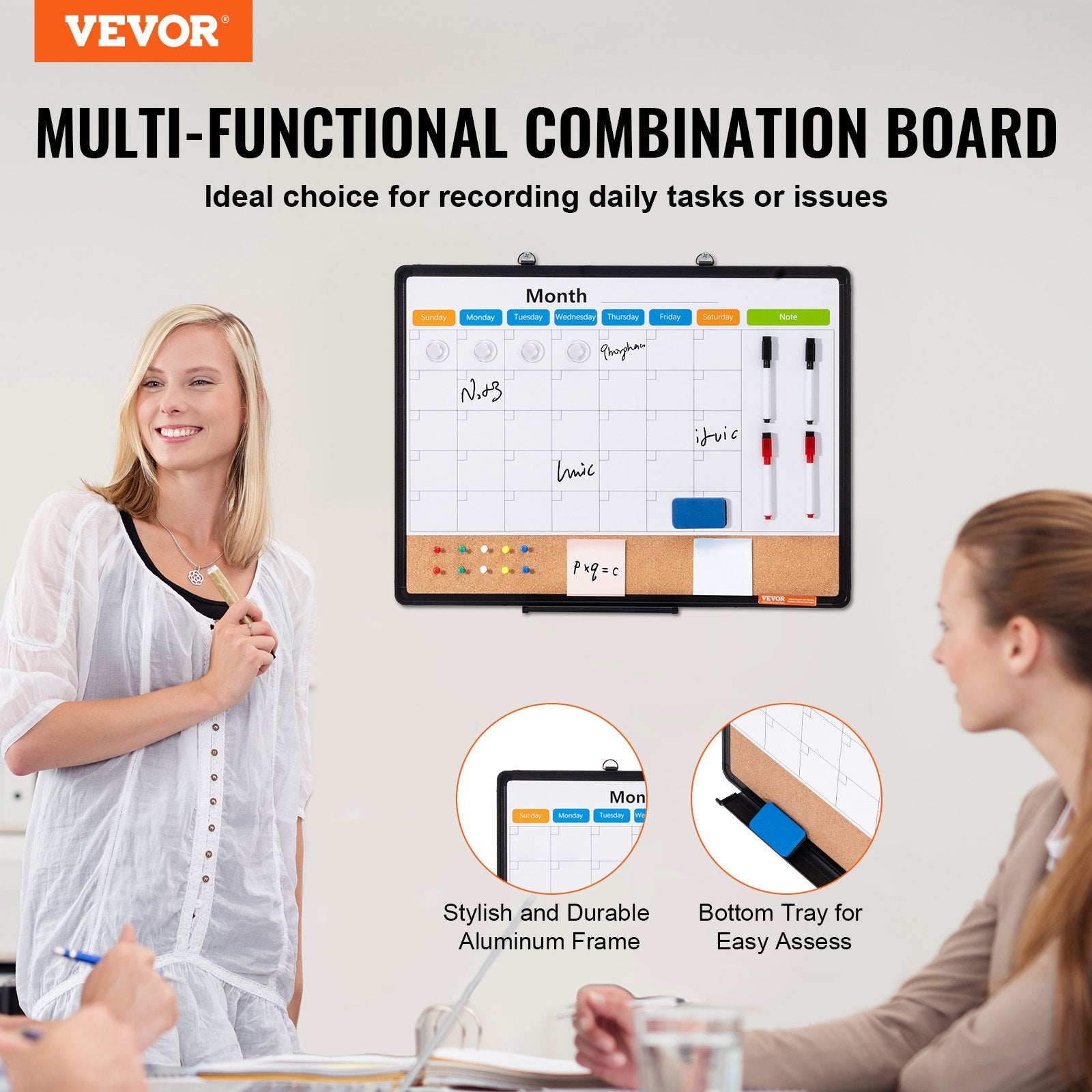 24"x 18" Monthly Calendar Whiteboard & Cork Board Combo with Aluminum Frame – 2-in-1 Magnetic Dry Erase Bulletin Board for Wall Mount – Ideal for School, Home, Office - Image 2