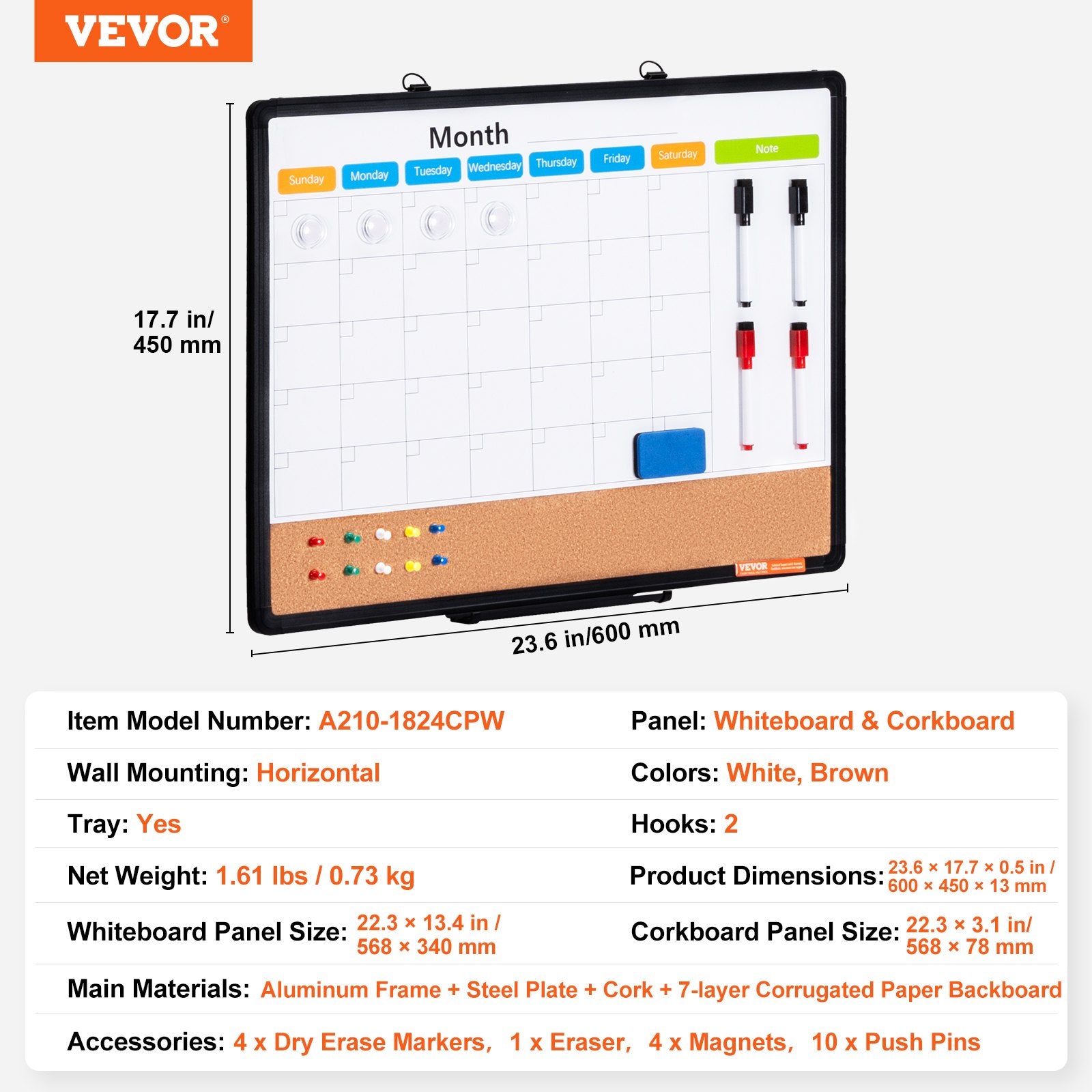 24"x 18" Monthly Calendar Whiteboard & Cork Board Combo with Aluminum Frame – 2-in-1 Magnetic Dry Erase Bulletin Board for Wall Mount – Ideal for School, Home, Office - Image 7