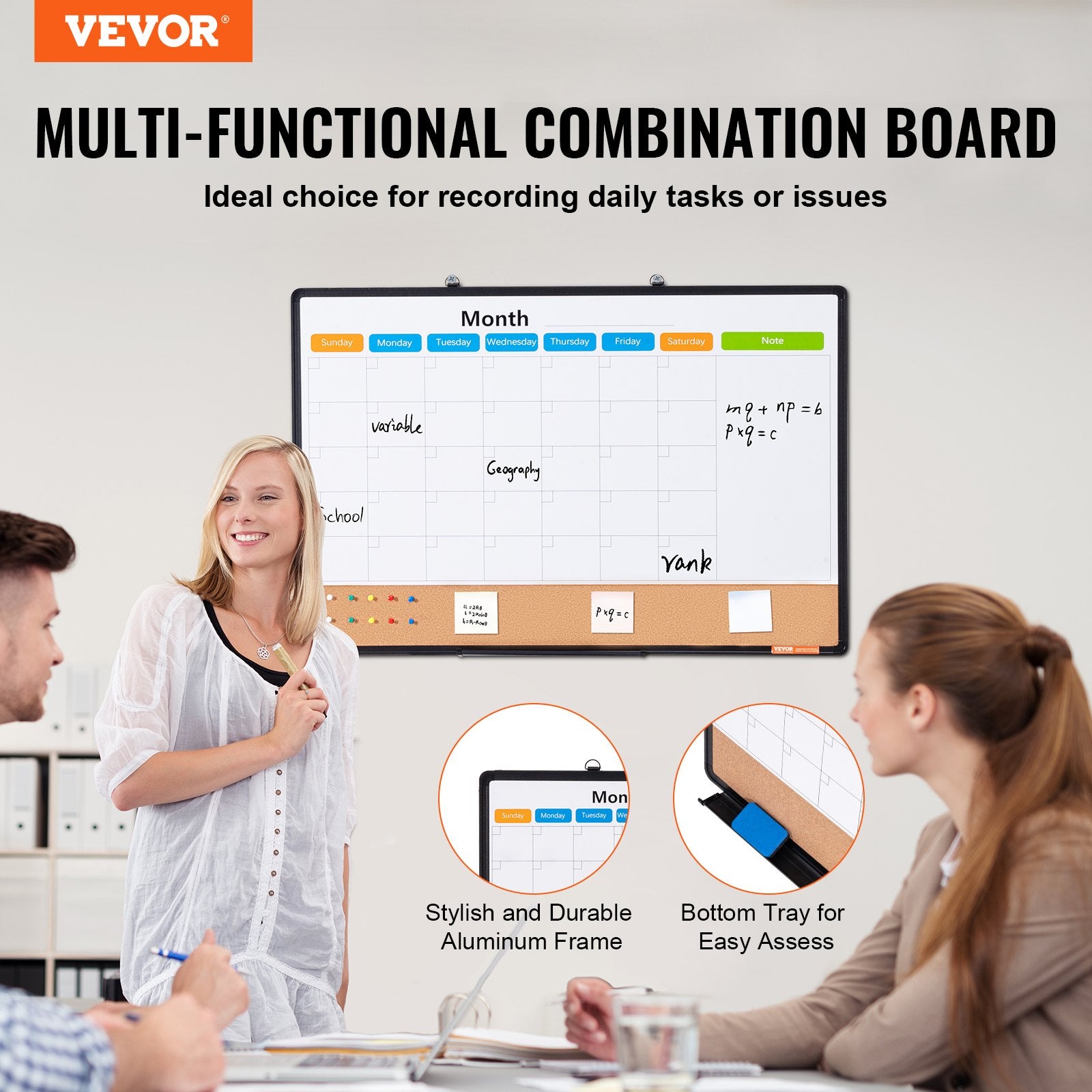 36"x 24" Monthly Calendar Whiteboard & Cork Board Combo with Aluminum Frame – 2-in-1 Magnetic Dry Erase Bulletin Board for Wall Mount – Ideal for School, Home, Office - Image 2