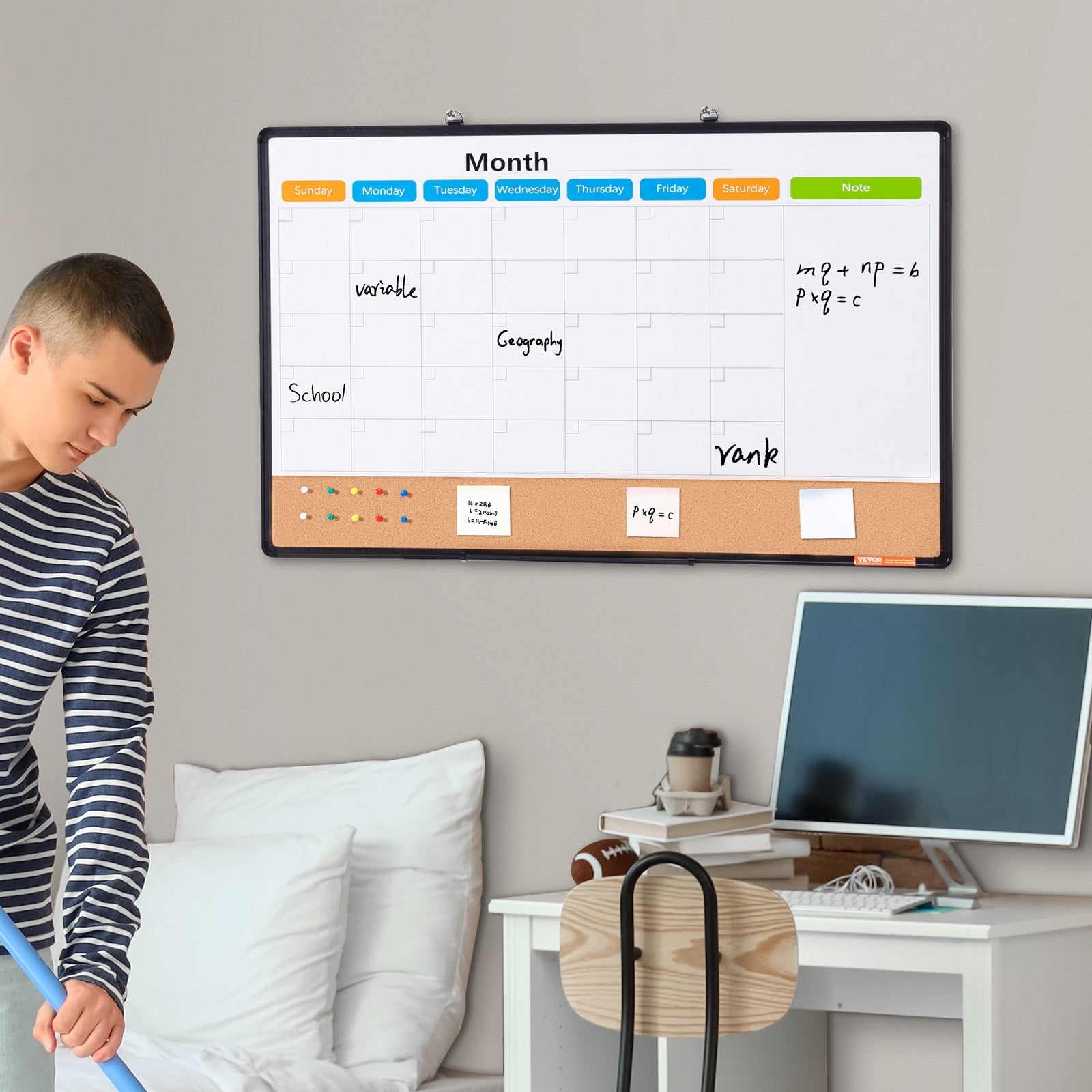 36"x 24" Monthly Calendar Whiteboard & Cork Board Combo with Aluminum Frame – 2-in-1 Magnetic Dry Erase Bulletin Board for Wall Mount – Ideal for School, Home, Office - Image 8
