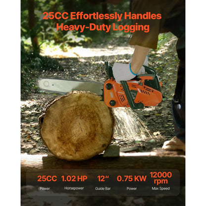 25 cc Gas Chainsaw, 305 mm Gas Powered Chainsaw, 0.75 kW Power Chain Saw with Non-Slip Handle, Gas-Powered Chainsaws with Dual Fuel Tanks, For Wood Cutting, Tree Trimming, and Land Clearing - Image 2