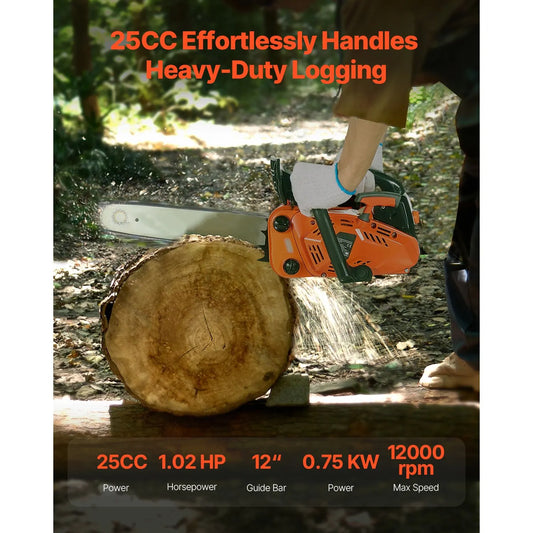 25 cc Gas Chainsaw, 305 mm Gas Powered Chainsaw, 0.75 kW Power Chain Saw with Non-Slip Handle, Gas-Powered Chainsaws with Dual Fuel Tanks, For Wood Cutting, Tree Trimming, and Land Clearing - Image 2