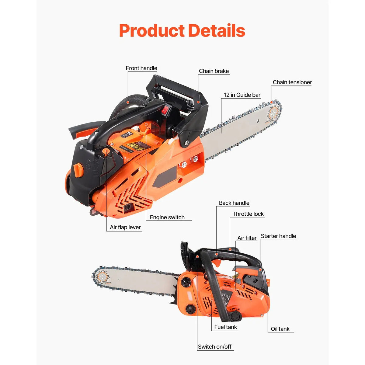 25 cc Gas Chainsaw, 305 mm Gas Powered Chainsaw, 0.75 kW Power Chain Saw with Non-Slip Handle, Gas-Powered Chainsaws with Dual Fuel Tanks, For Wood Cutting, Tree Trimming, and Land Clearing - Image 3