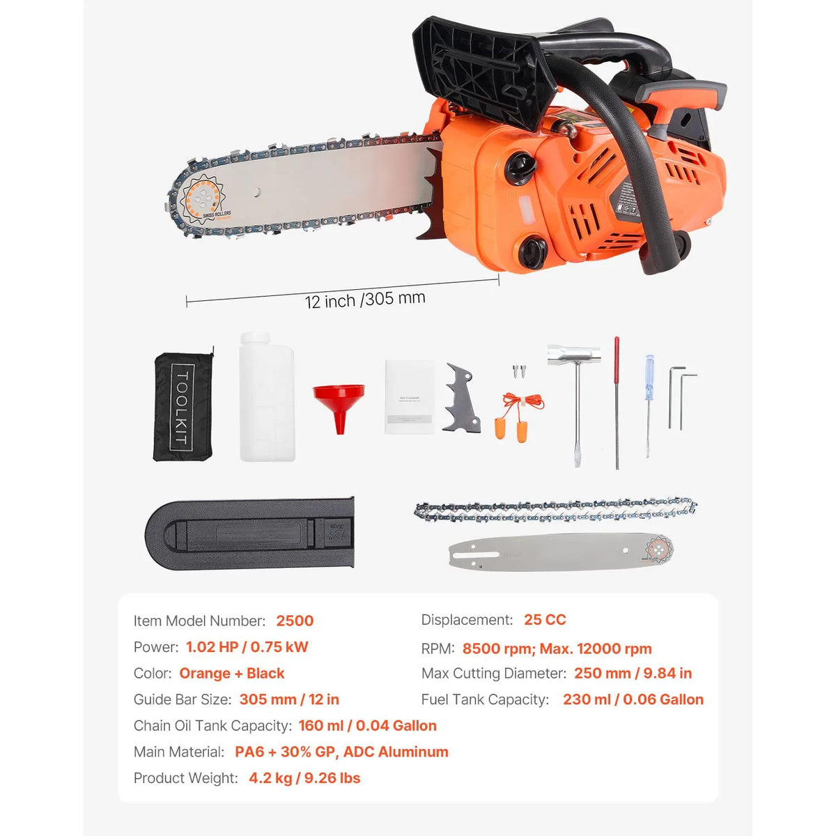 25 cc Gas Chainsaw, 305 mm Gas Powered Chainsaw, 0.75 kW Power Chain Saw with Non-Slip Handle, Gas-Powered Chainsaws with Dual Fuel Tanks, For Wood Cutting, Tree Trimming, and Land Clearing - Image 7