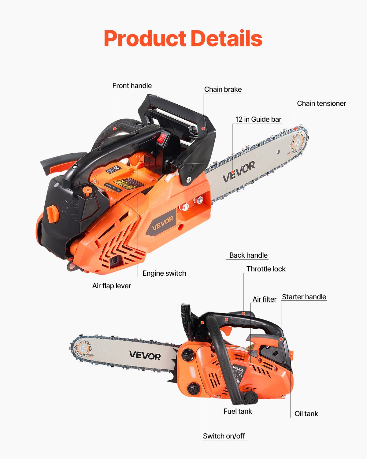 25 cc Gas Chainsaw, 305 mm Gas Powered Chainsaw, 0.75 kW Power Chain Saw with Non-Slip Handle, Gas-Powered Chainsaws with Dual Fuel Tanks, For Wood Cutting, Tree Trimming, and Land Clearing - Image 3