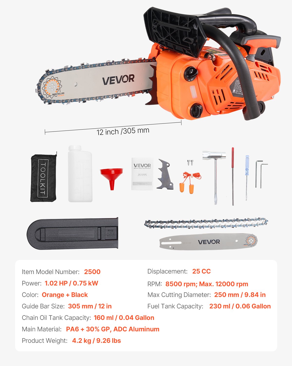 25 cc Gas Chainsaw, 305 mm Gas Powered Chainsaw, 0.75 kW Power Chain Saw with Non-Slip Handle, Gas-Powered Chainsaws with Dual Fuel Tanks, For Wood Cutting, Tree Trimming, and Land Clearing - Image 7