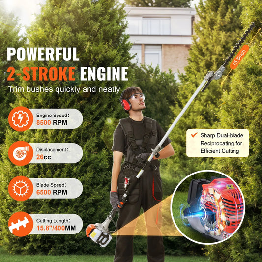 15.7-inch 26CC 2 Cycle Gas Hedge Trimmer, Gas Powered Pole Hedge Trimmer with Dual Sided Dual Action Blade, Adjustable Trimmer Head, Suitable for Trimming Shrubs, Bushes - Image 2