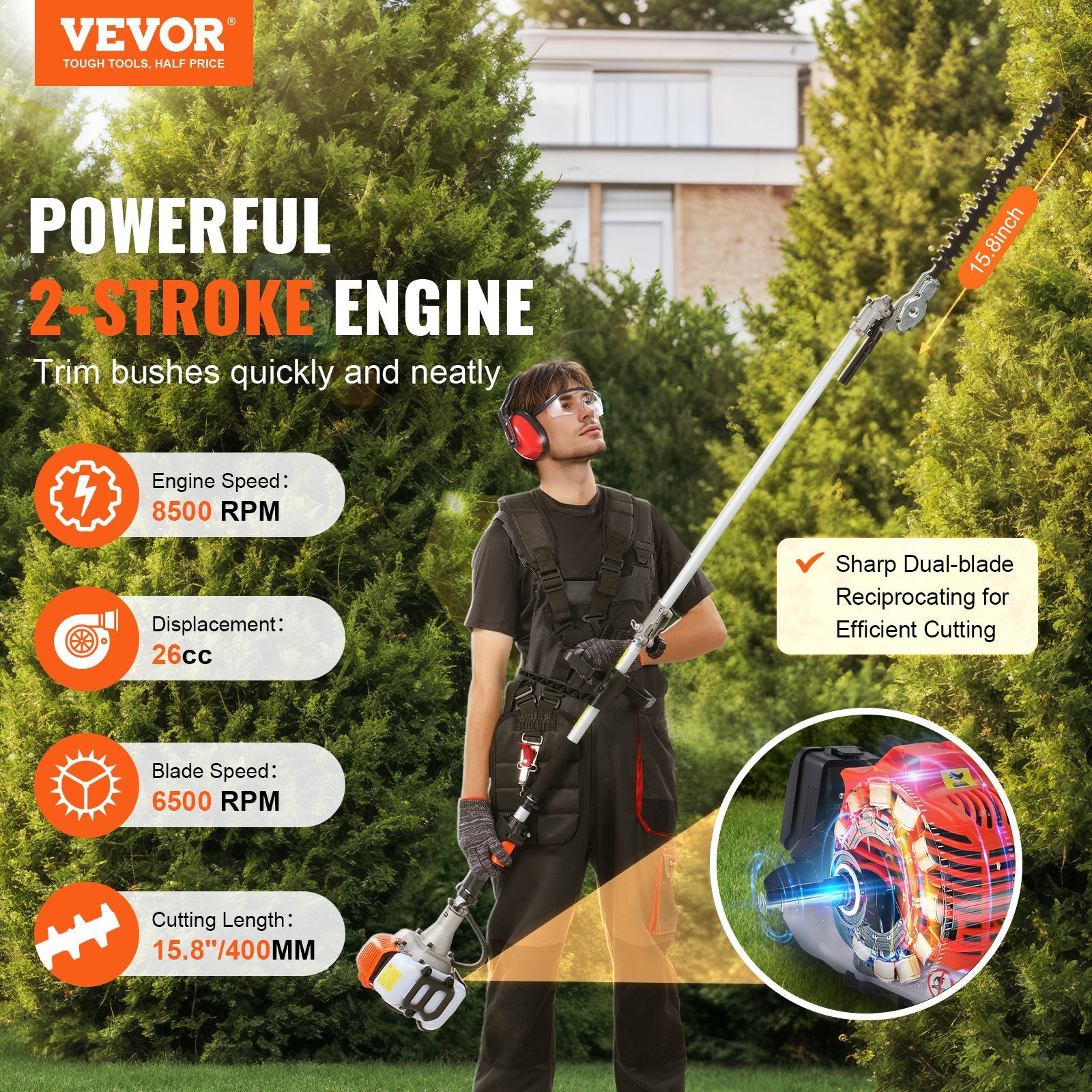 15.7-inch 26CC 2 Cycle Gas Hedge Trimmer, Gas Powered Pole Hedge Trimmer with Dual Sided Dual Action Blade, Adjustable Trimmer Head, Suitable for Trimming Shrubs, Bushes - Image 2