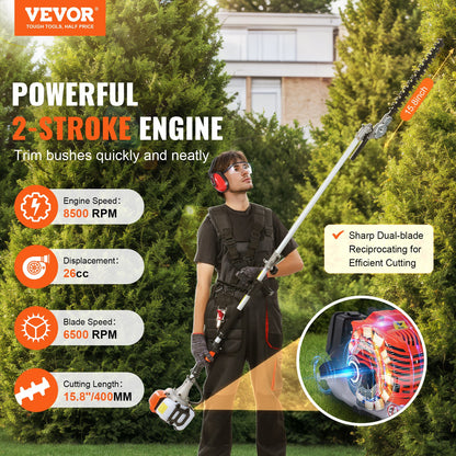 15.7-inch 26CC 2 Cycle Gas Hedge Trimmer, Gas Powered Pole Hedge Trimmer with Dual Sided Dual Action Blade, Adjustable Trimmer Head, Suitable for Trimming Shrubs, Bushes - Image 2