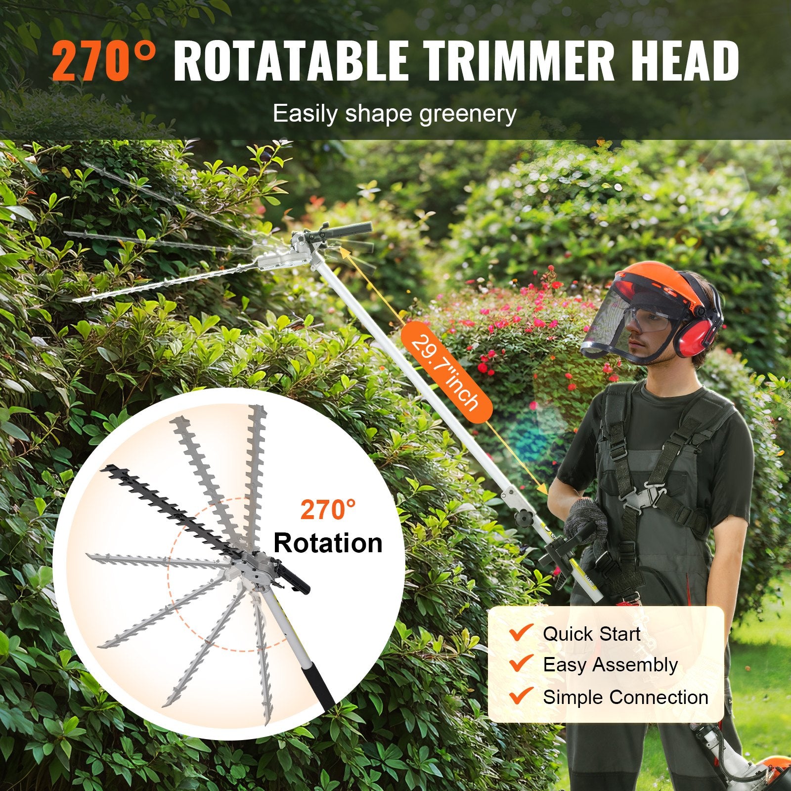 15.7-inch 26CC 2 Cycle Gas Hedge Trimmer, Gas Powered Pole Hedge Trimmer with Dual Sided Dual Action Blade, Adjustable Trimmer Head, Suitable for Trimming Shrubs, Bushes - Image 3